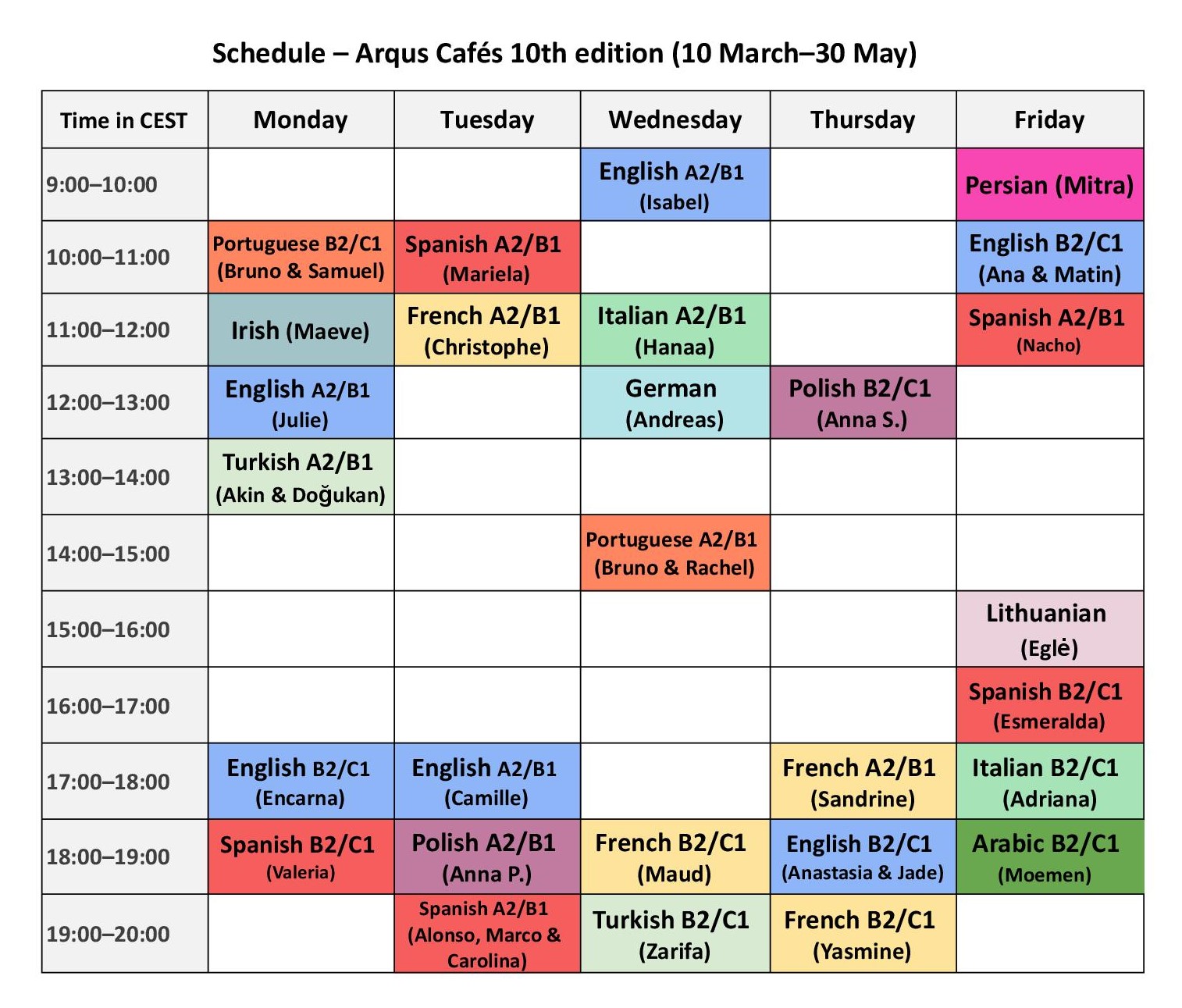 Arqus Caf schedule